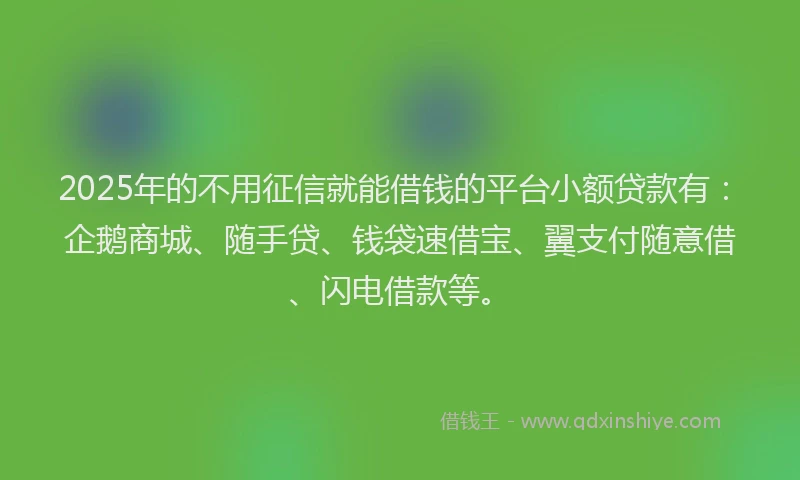 2025年的不用征信就能借钱的平台小额贷款有：企鹅商城、随手贷、钱袋速借宝、翼支付随意借、闪电借款等。