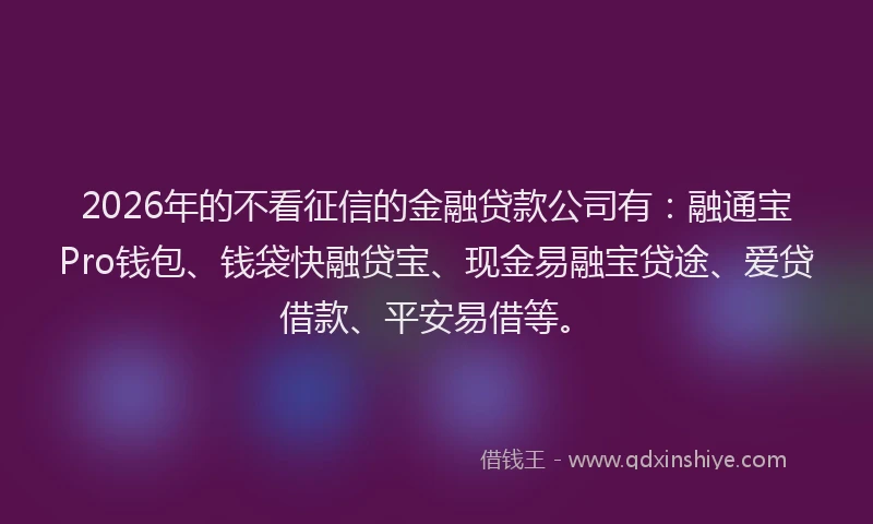 2026年的不看征信的金融贷款公司有:融通宝Pro钱包、钱袋快融贷宝、现金易融宝贷途、爱贷借款、平安易借等。