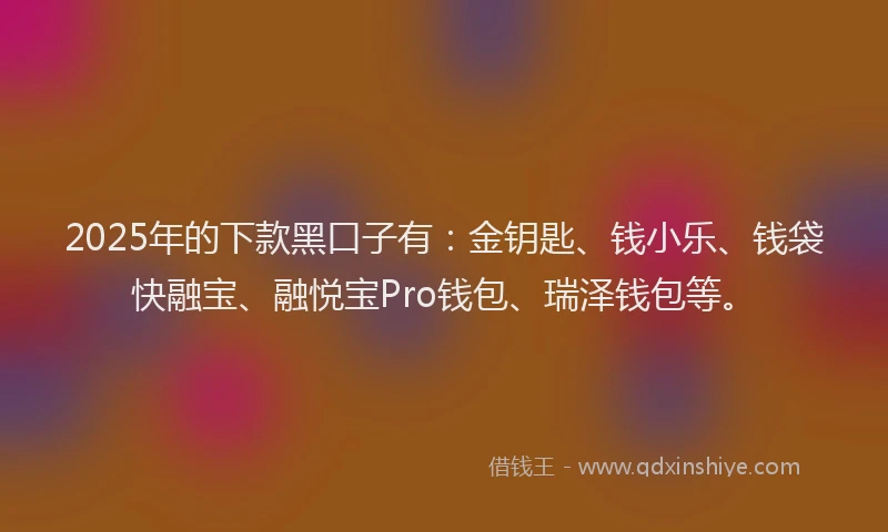 2025年的下款黑口子有：金钥匙、钱小乐、钱袋快融宝、融悦宝Pro钱包、瑞泽钱包等。