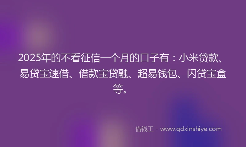 2025年的不看征信一个月的口子有：小米贷款、易贷宝速借、借款宝贷融、超易钱包、闪贷宝盒等。