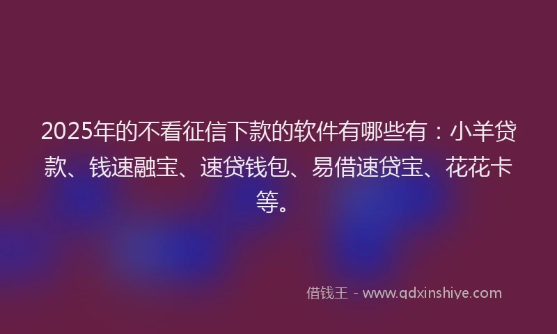 2025年的不看征信下款的软件有哪些有：小羊贷款、钱速融宝、速贷钱包、易借速贷宝、花花卡等。