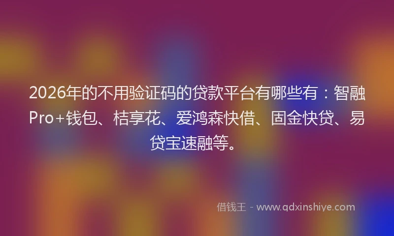 2026年的不用验证码的贷款平台有哪些有：智融Pro+钱包、桔享花、爱鸿森快借、固金快贷、易贷宝速融等。
