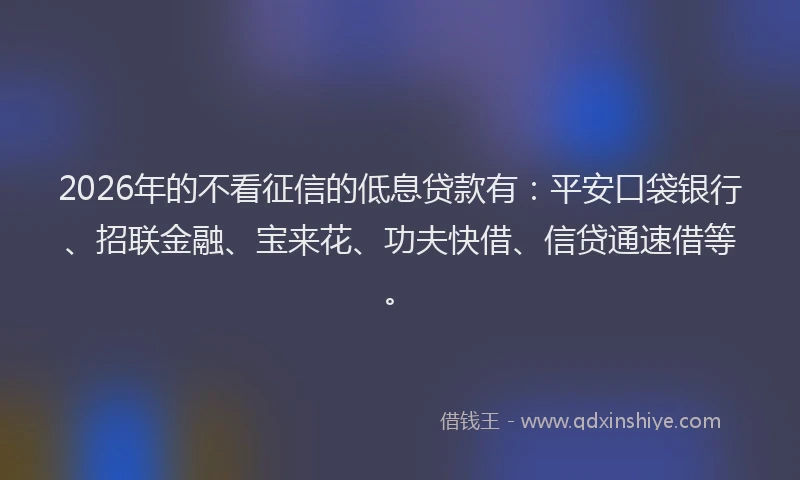 2026年的不看征信的低息贷款有：平安口袋银行、招联金融、宝来花、功夫快借、信贷通速借等。