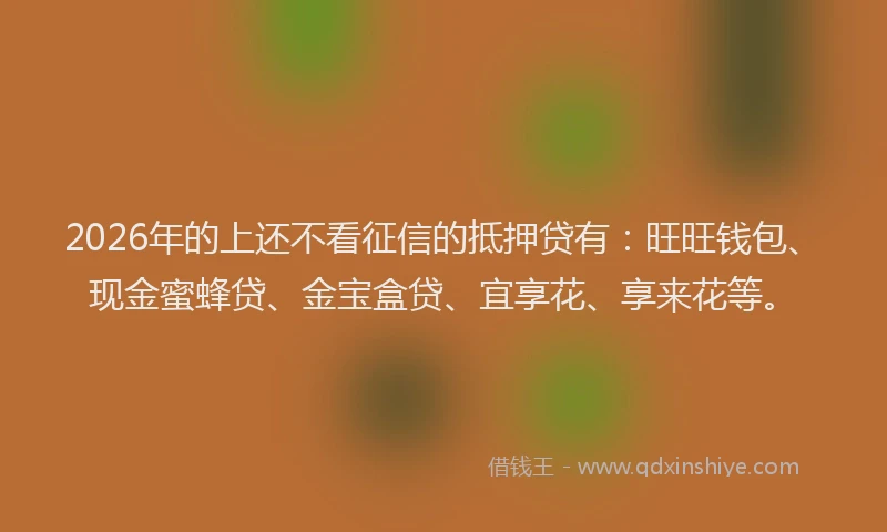 2026年的上还不看征信的抵押贷有：旺旺钱包、现金蜜蜂贷、金宝盒贷、宜享花、享来花等。