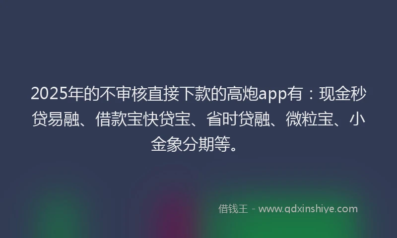 2025年的不审核直接下款的高炮app有：现金秒贷易融、借款宝快贷宝、省时贷融、微粒宝、小金象分期等。