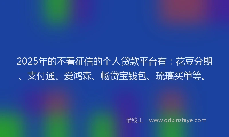 2025年的不看征信的个人贷款平台有：花豆分期、支付通、爱鸿森、畅贷宝钱包、琉璃买单等。