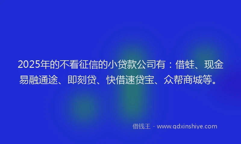 2025年的不看征信的小贷款公司有：借蛙、现金易融通途、即刻贷、快借速贷宝、众帮商城等。