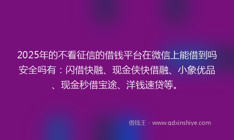 2025年的不看征信的借钱平台在微信上能借到吗安全吗有：闪借快融、现金侠快借融、小象优品、现金秒借宝途、洋钱速贷等。