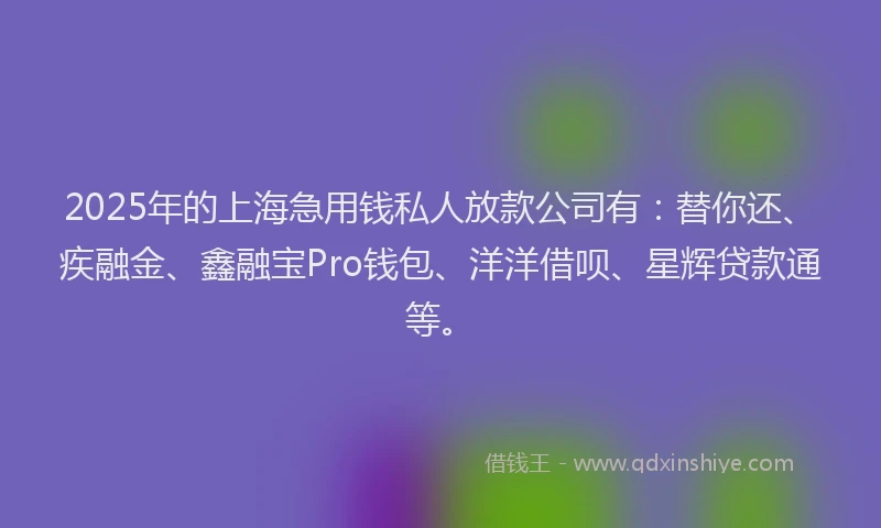 2025年的上海急用钱私人放款公司有：替你还、疾融金、鑫融宝Pro钱包、洋洋借呗、星辉贷款通等。