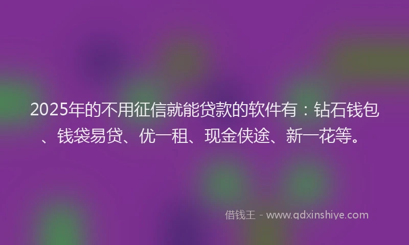 2025年的不用征信就能贷款的软件有：钻石钱包、钱袋易贷、优一租、现金侠途、新一花等。