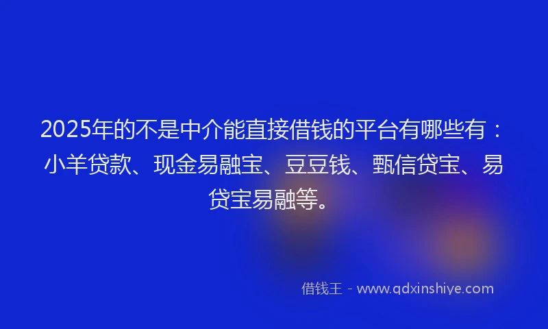 2025年的不是中介能直接借钱的平台有哪些有：小羊贷款、现金易融宝、豆豆钱、甄信贷宝、易贷宝易融等。