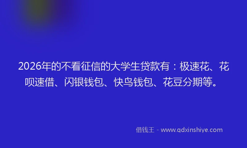 2026年的不看征信的大学生贷款有：极速花、花呗速借、闪银钱包、快鸟钱包、花豆分期等。