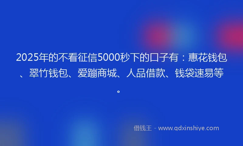 2025年的不看征信5000秒下的口子有：惠花钱包、翠竹钱包、爱蹦商城、人品借款、钱袋速易等。