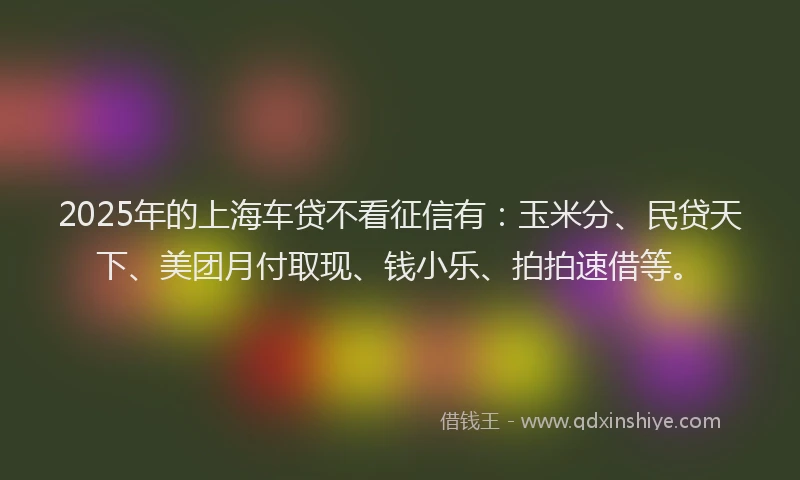 2025年的上海车贷不看征信有:玉米分、民贷天下、美团月付取现、钱小乐、拍拍速借等。