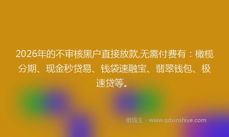 2026年的不审核黑户直接放款,无需付费有：橄榄分期、现金秒贷易、钱袋速融宝、翡翠钱包、极速贷等。
