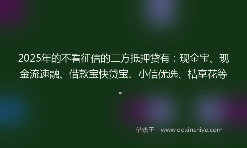 2025年的不看征信的三方抵押贷有：现金宝、现金流速融、借款宝快贷宝、小信优选、桔享花等。