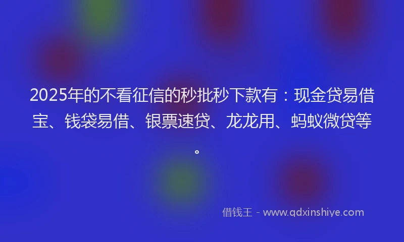 2025年的不看征信的秒批秒下款有：现金贷易借宝、钱袋易借、银票速贷、龙龙用、蚂蚁微贷等。