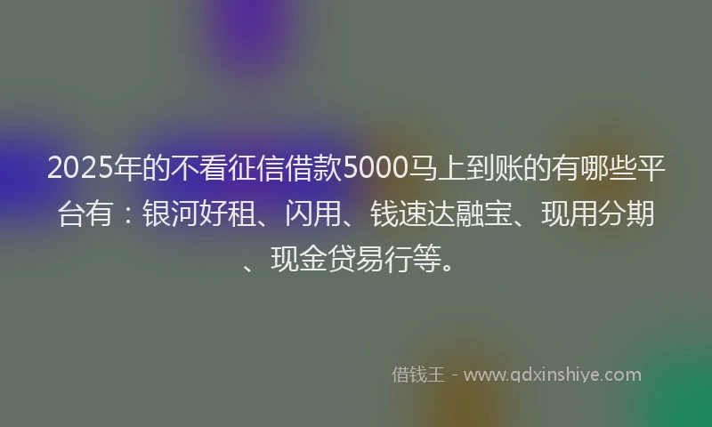 2025年的不看征信借款5000马上到账的有哪些平台有：银河好租、闪用、钱速达融宝、现用分期、现金贷易行等。