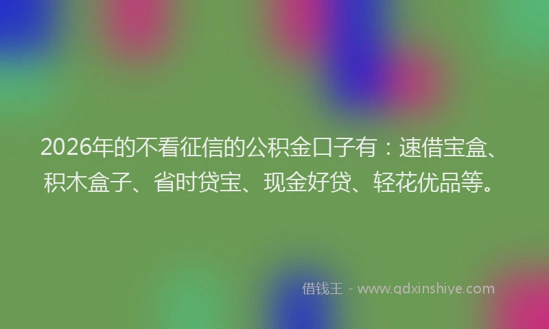 2026年的不看征信的公积金口子有：速借宝盒、积木盒子、省时贷宝、现金好贷、轻花优品等。