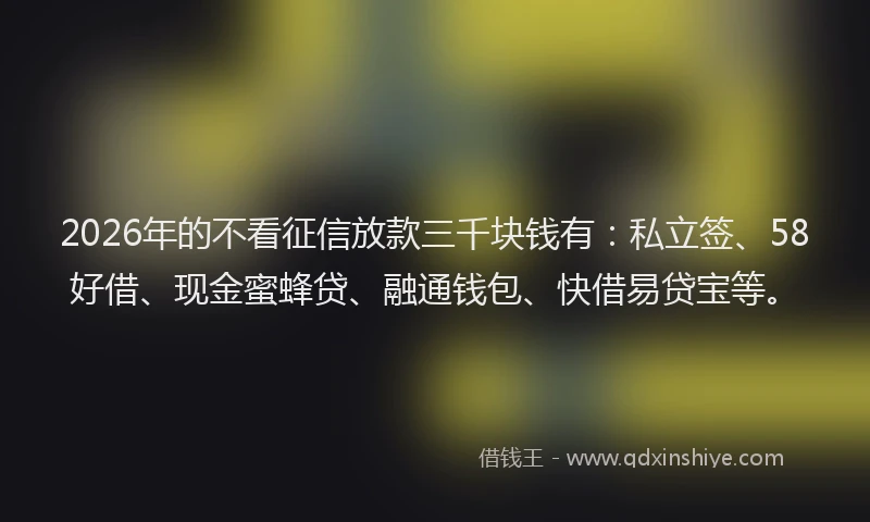 2026年的不看征信放款三千块钱有：私立签、58好借、现金蜜蜂贷、融通钱包、快借易贷宝等。
