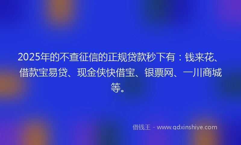2025年的不查征信的正规贷款秒下有：钱来花、借款宝易贷、现金侠快借宝、银票网、一川商城等。