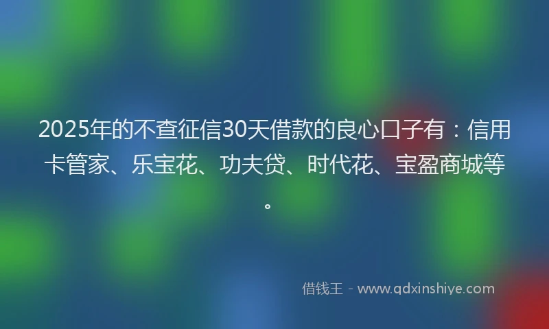 2025年的不查征信30天借款的良心口子有：信用卡管家、乐宝花、功夫贷、时代花、宝盈商城等。