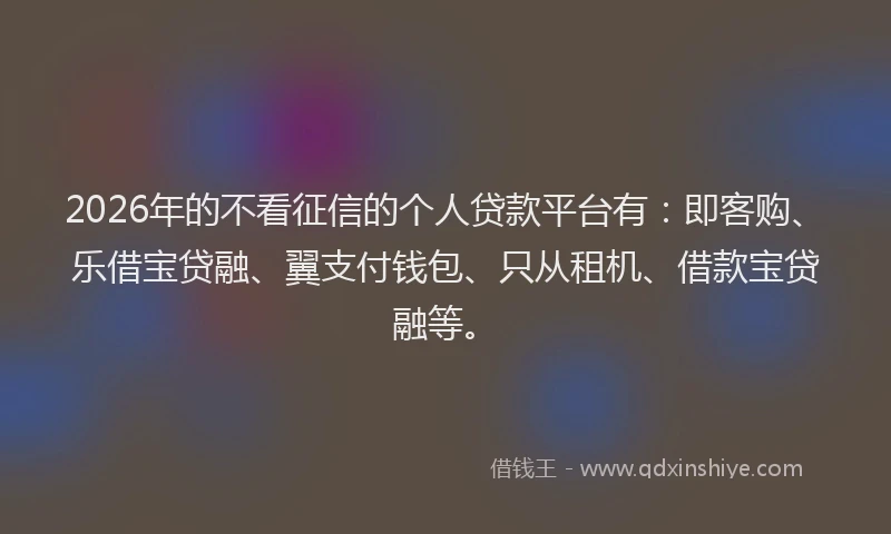 2026年的不看征信的个人贷款平台有：即客购、乐借宝贷融、翼支付钱包、只从租机、借款宝贷融等。