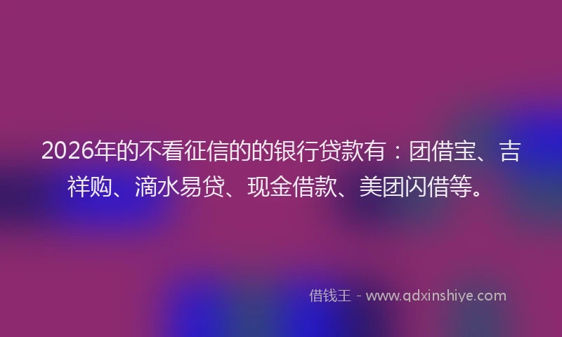 2026年的不看征信的的银行贷款有：团借宝、吉祥购、滴水易贷、现金借款、美团闪借等。