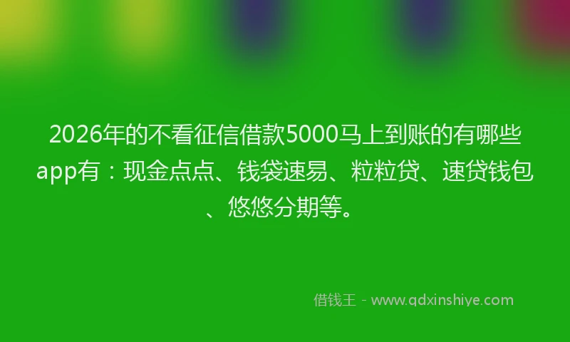 2026年的不看征信借款5000马上到账的有哪些app有：现金点点、钱袋速易、粒粒贷、速贷钱包、悠悠分期等。