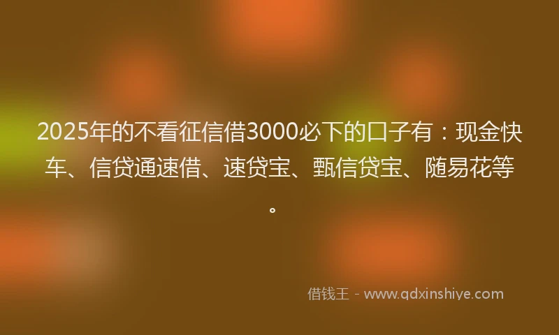 2025年的不看征信借3000必下的口子有：现金快车、信贷通速借、速贷宝、甄信贷宝、随易花等。