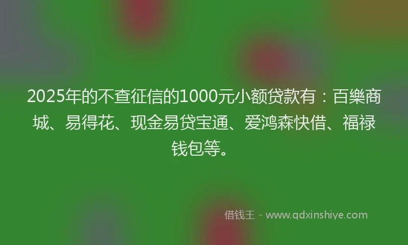 2025年的不查征信的1000元小额贷款有：百樂商城、易得花、现金易贷宝通、爱鸿森快借、福禄钱包等。