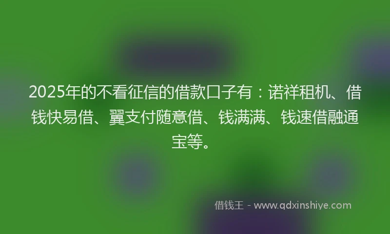 2025年的不看征信的借款口子有：诺祥租机、借钱快易借、翼支付随意借、钱满满、钱速借融通宝等。