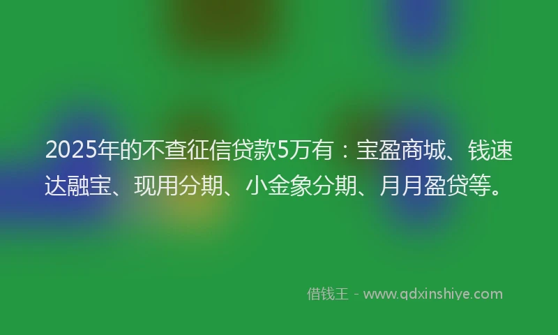 2025年的不查征信贷款5万有：宝盈商城、钱速达融宝、现用分期、小金象分期、月月盈贷等。