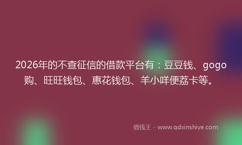 2026年的不查征信的借款平台有：豆豆钱、gogo购、旺旺钱包、惠花钱包、羊小咩便荔卡等。