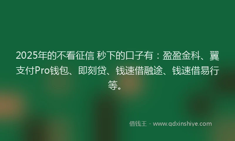 2025年的不看征信 秒下的口子有：盈盈金科、翼支付Pro钱包、即刻贷、钱速借融途、钱速借易行等。
