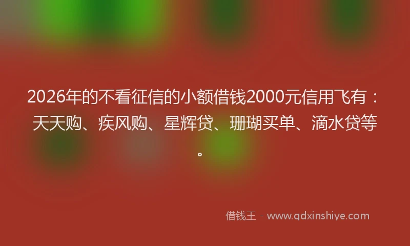 2026年的不看征信的小额借钱2000元信用飞有：天天购、疾风购、星辉贷、珊瑚买单、滴水贷等。