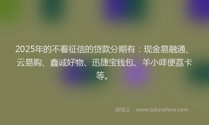 2025年的不看征信的贷款分期有：现金易融通、云易购、鑫诚好物、迅捷宝钱包、羊小咩便荔卡等。