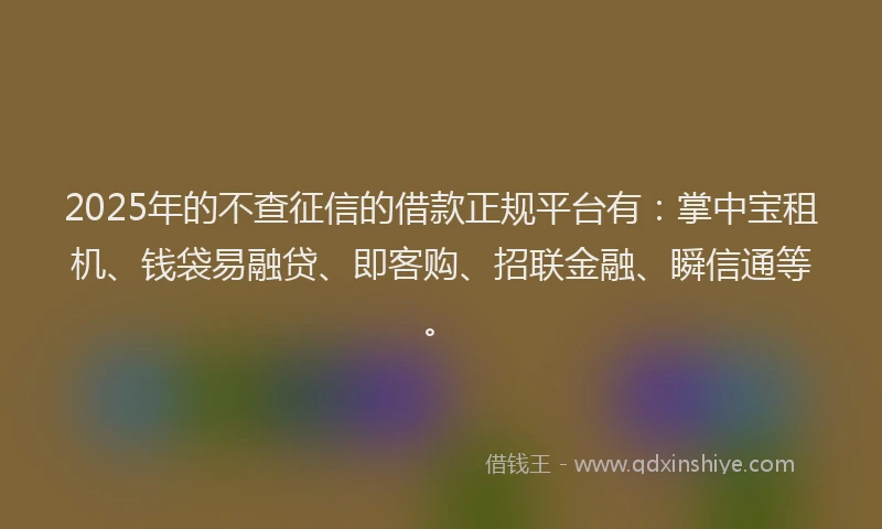 2025年的不查征信的借款正规平台有：掌中宝租机、钱袋易融贷、即客购、招联金融、瞬信通等。