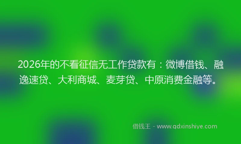 2026年的不看征信无工作贷款有:微博借钱、融逸速贷、大利商城、麦芽贷、中原消费金融等。