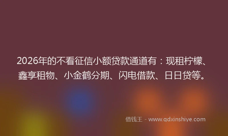 2026年的不看征信小额贷款通道有:现租柠檬、鑫享租物、小金鹤分期、闪电借款、日日贷等。
