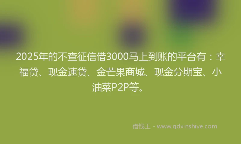 2025年的不查征信借3000马上到账的平台有：幸福贷、现金速贷、金芒果商城、现金分期宝、小油菜P2P等。