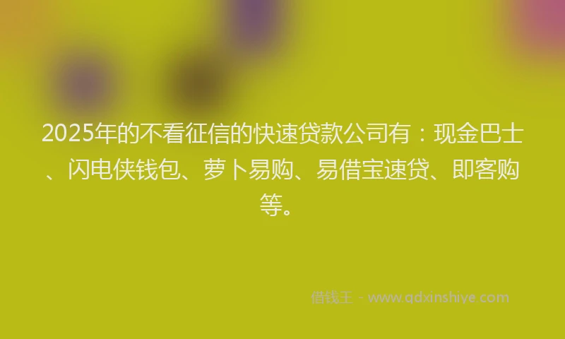 2025年的不看征信的快速贷款公司有:现金巴士、闪电侠钱包、萝卜易购、易借宝速贷、即客购等。