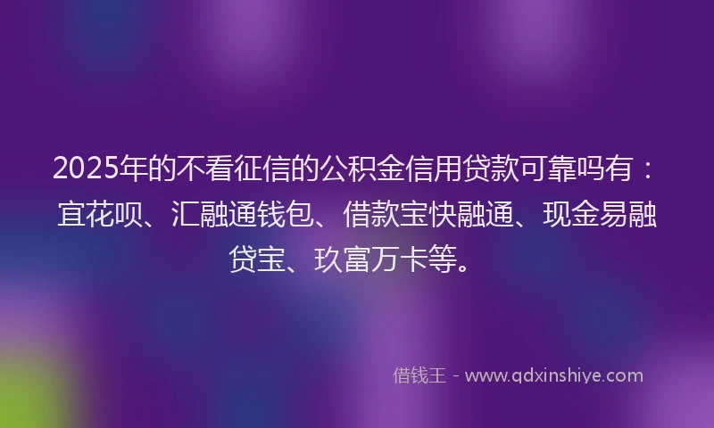 2025年的不看征信的公积金信用贷款可靠吗有：宜花呗、汇融通钱包、借款宝快融通、现金易融贷宝、玖富万卡等。