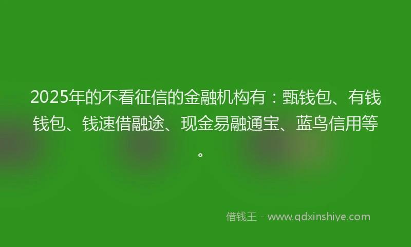 2025年的不看征信的金融机构有：甄钱包、有钱钱包、钱速借融途、现金易融通宝、蓝鸟信用等。