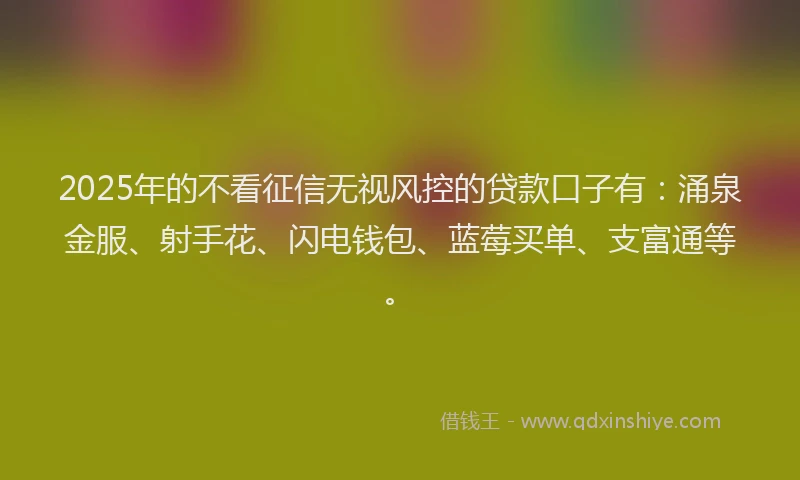 2025年的不看征信无视风控的贷款口子有：涌泉金服、射手花、闪电钱包、蓝莓买单、支富通等。