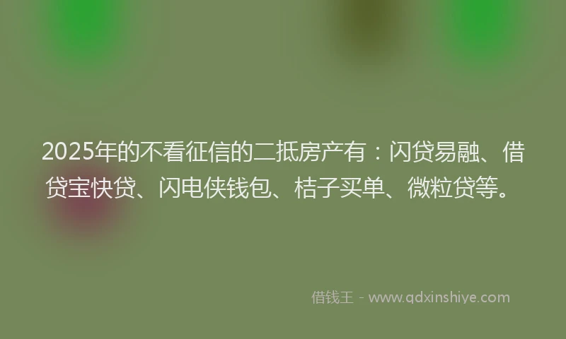 2025年的不看征信的二抵房产有:闪贷易融、借贷宝快贷、闪电侠钱包、桔子买单、微粒贷等。