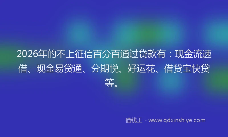 2026年的不上征信百分百通过贷款有：现金流速借、现金易贷通、分期悦、好运花、借贷宝快贷等。