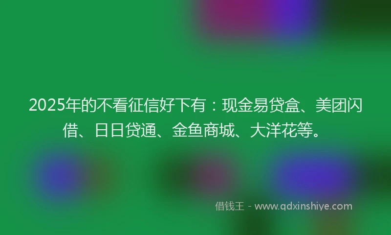 2025年的不看征信好下有：现金易贷盒、美团闪借、日日贷通、金鱼商城、大洋花等。