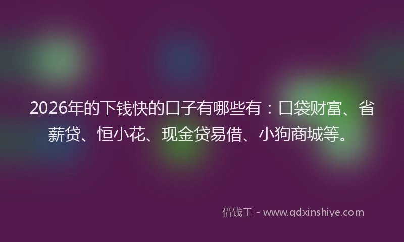 2026年的下钱快的口子有哪些有：口袋财富、省薪贷、恒小花、现金贷易借、小狗商城等。