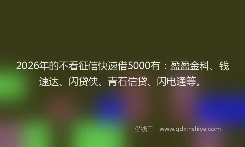 2026年的不看征信快速借5000有：盈盈金科、钱速达、闪贷侠、青石信贷、闪电通等。
